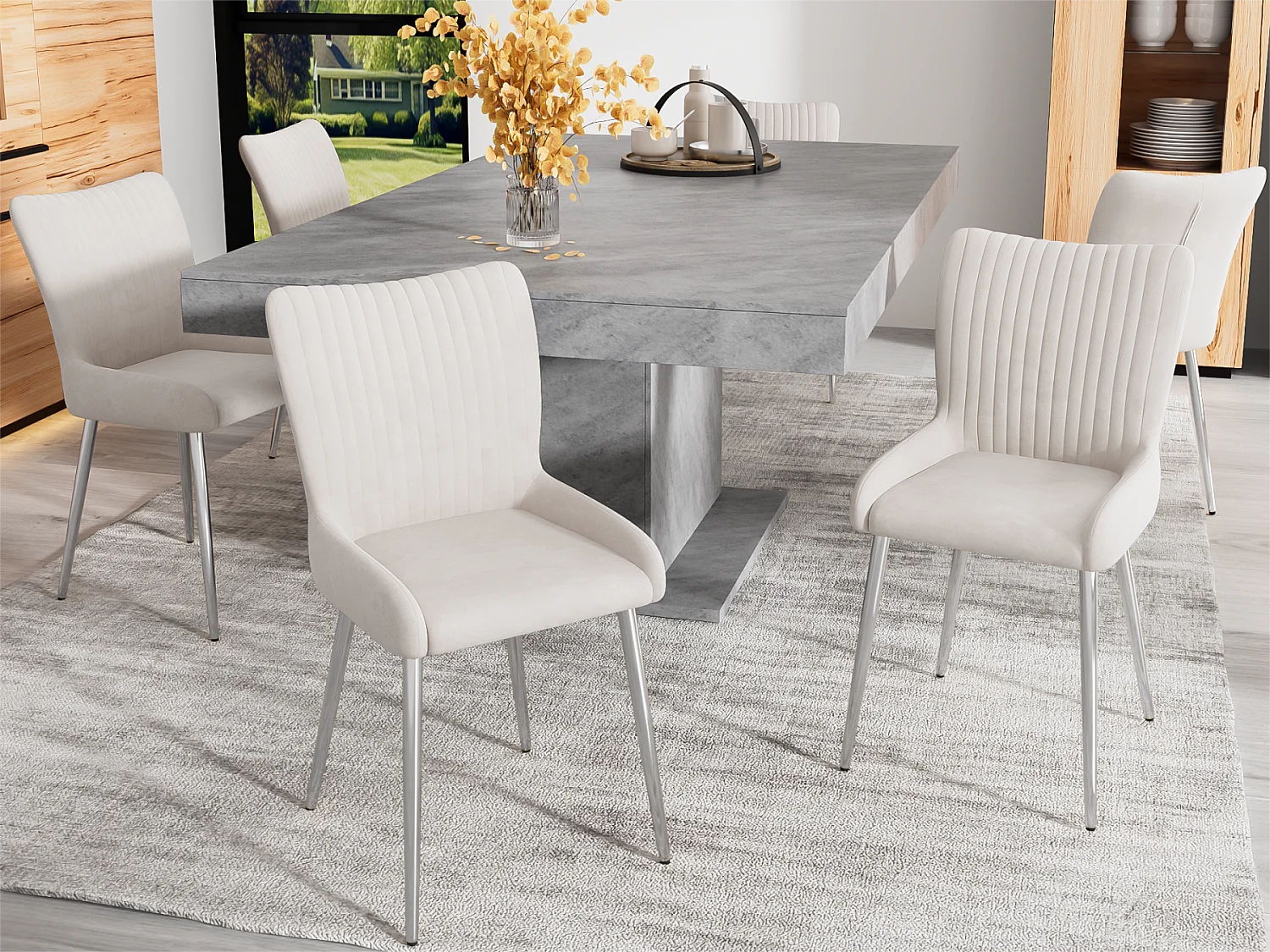 Set van 6 Velvet stoelen - met zilveren metalen poten - Beige