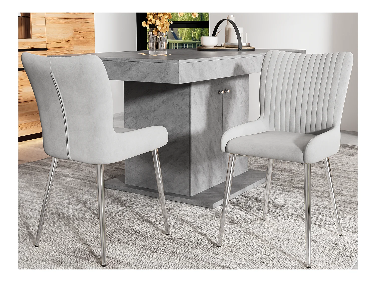 Lot de 2 Chaises en velours - avec pieds en métal argenté - Gris