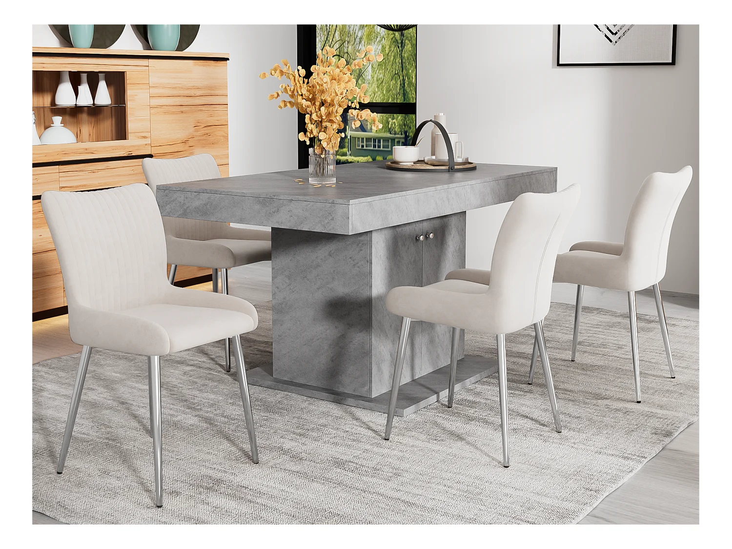 Set aus 4 Samtstühlen – mit silbernen Metallbeinen – Beige