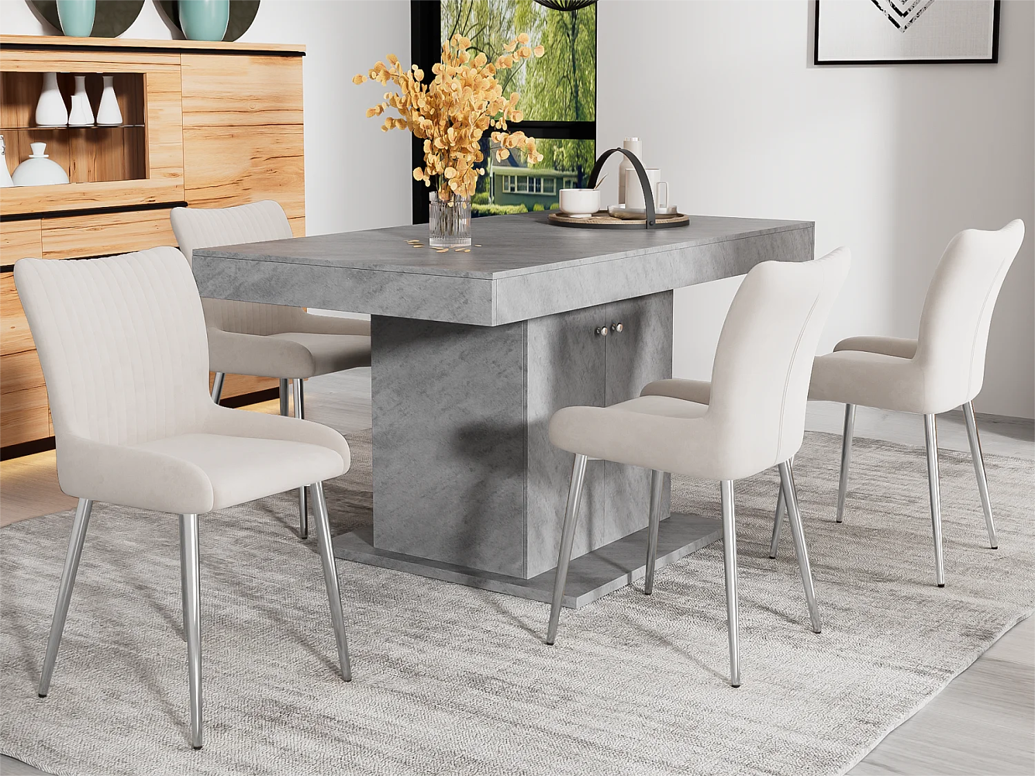 Set aus 4 Samtstühlen – mit silbernen Metallbeinen – Beige