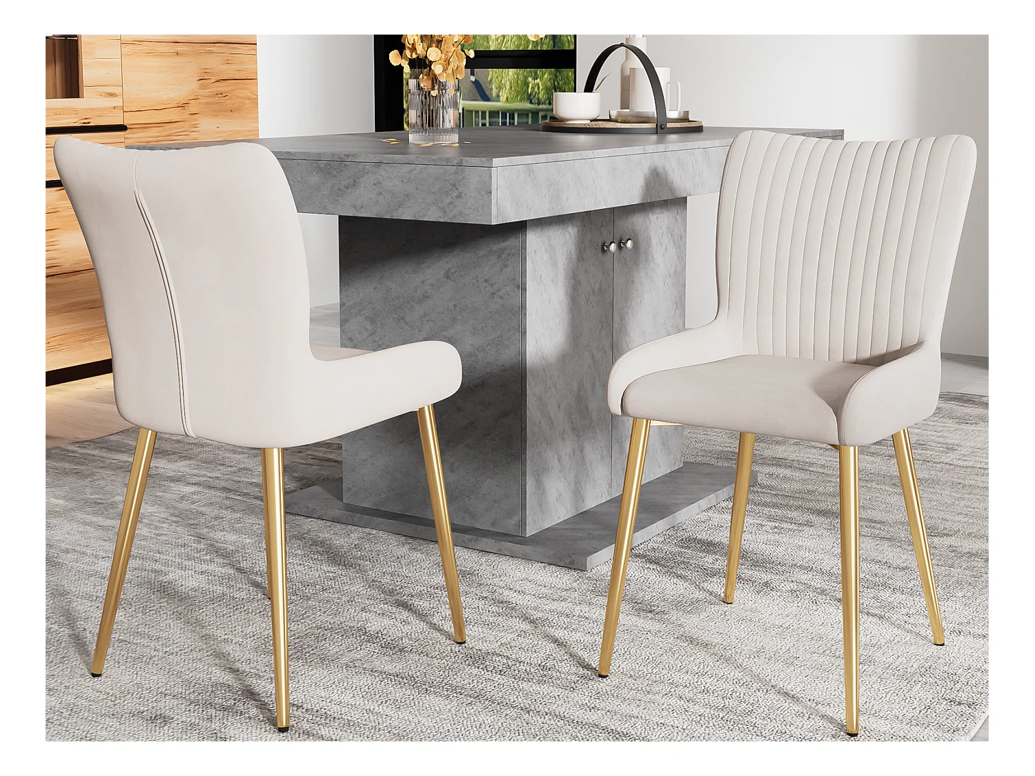 Lot de 2 Chaises en velours - avec pieds en métal doré - Beige