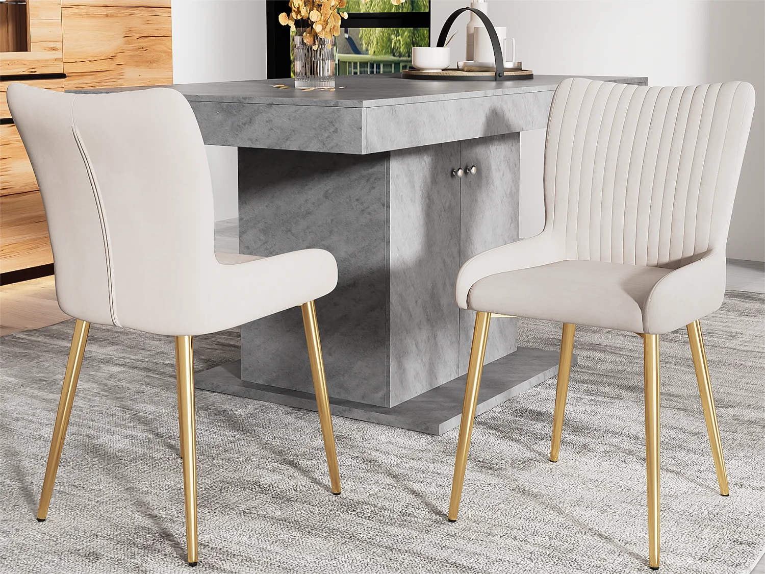 Set di 2 sedie in velluto - con gambe in metallo dorato - Beige