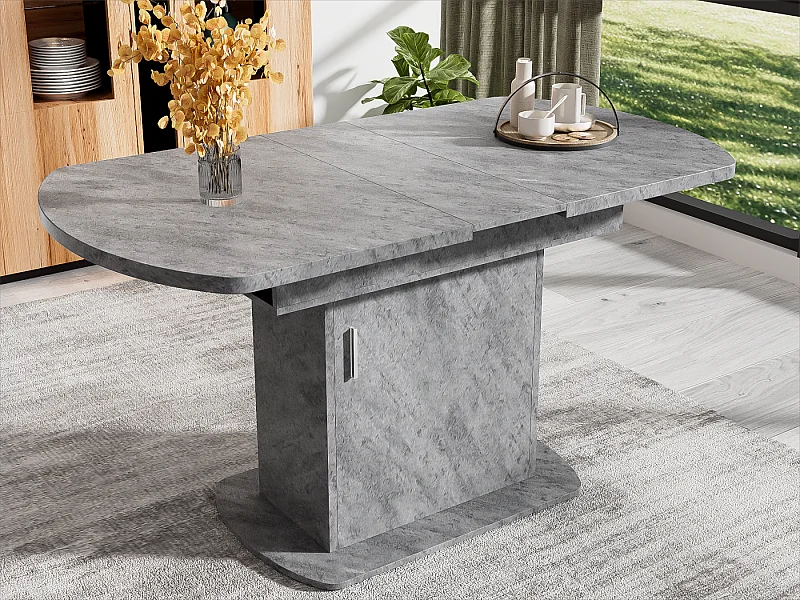 Table à manger ovale escamotable - avec espace de rangement et poignée argentée - Gris
