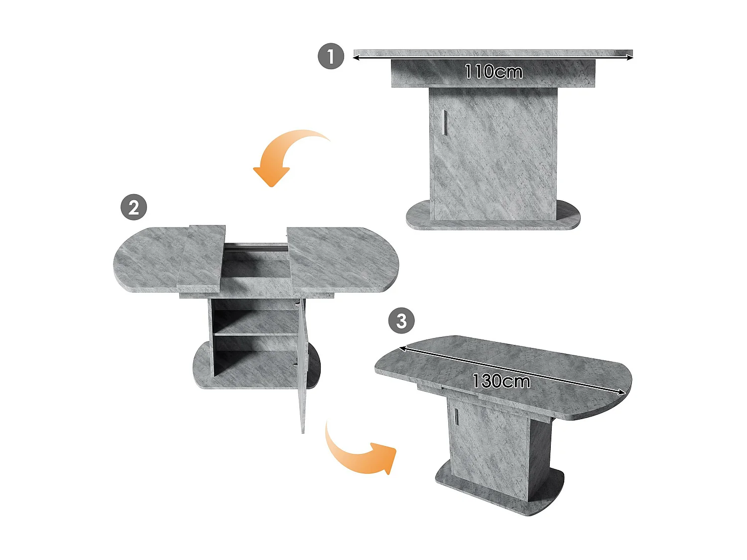 Table à manger ovale escamotable - avec espace de rangement et poignée argentée - Gris