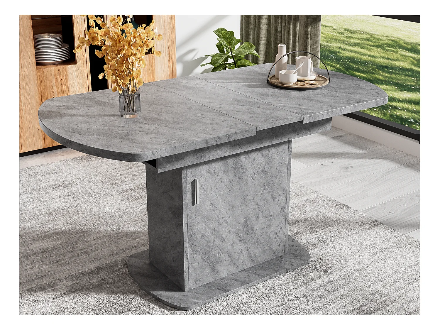 Table à manger ovale escamotable - avec espace de rangement et poignée argentée - Gris