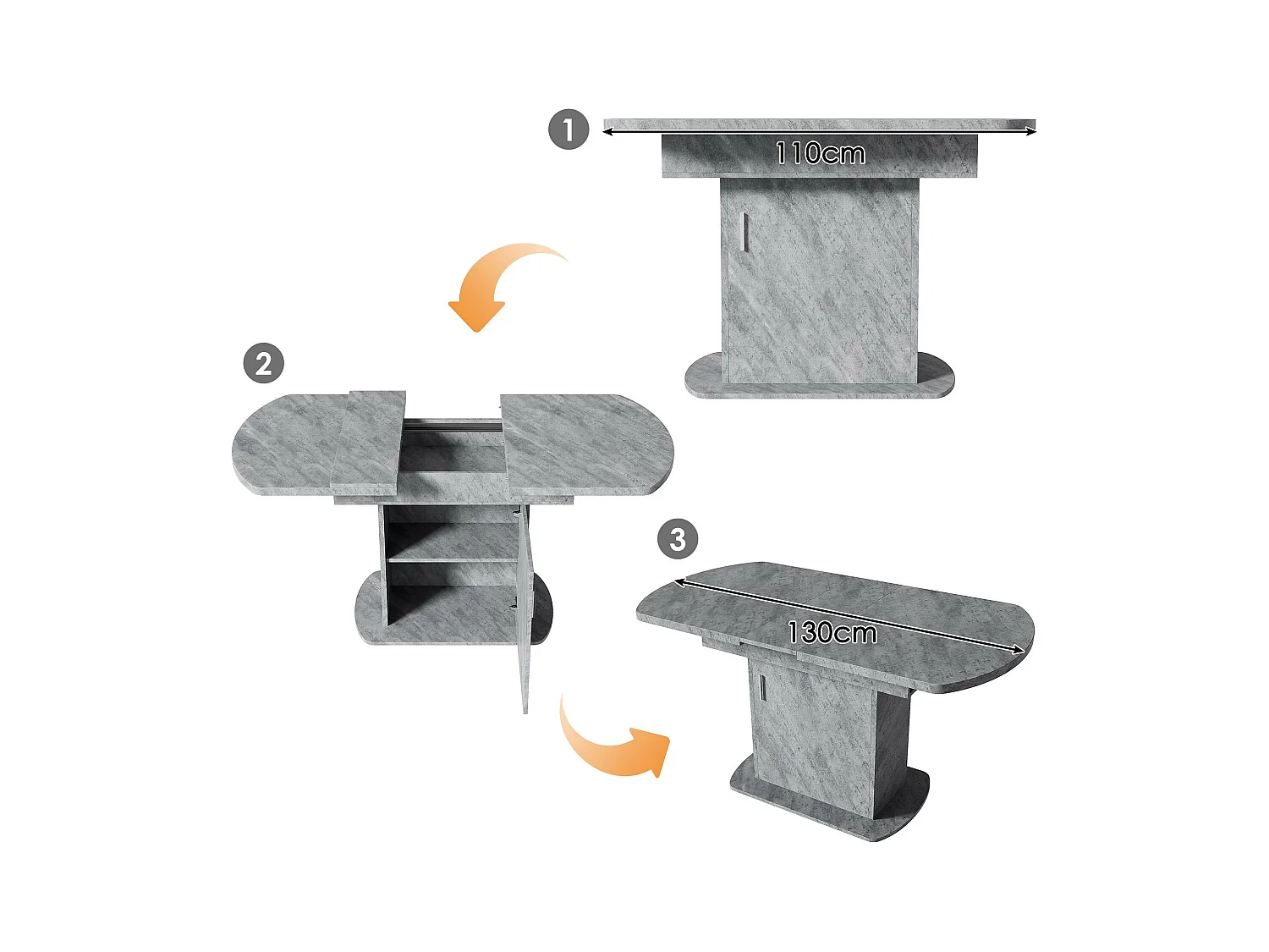 Ausziehbarer ovaler Esstisch – mit Stauraum und silbernem Griff – Grau