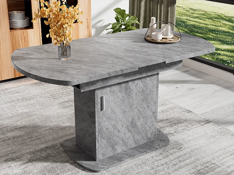 Table à manger ovale escamotable - avec espace de rangement et poignée argentée - Gris