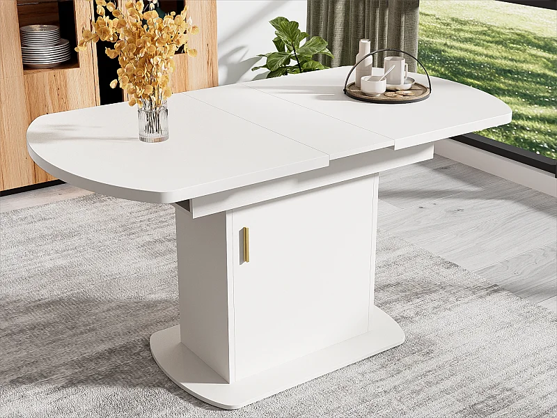 Table à manger ovale escamotable - avec espace de rangement et poignée dorée - Blanc