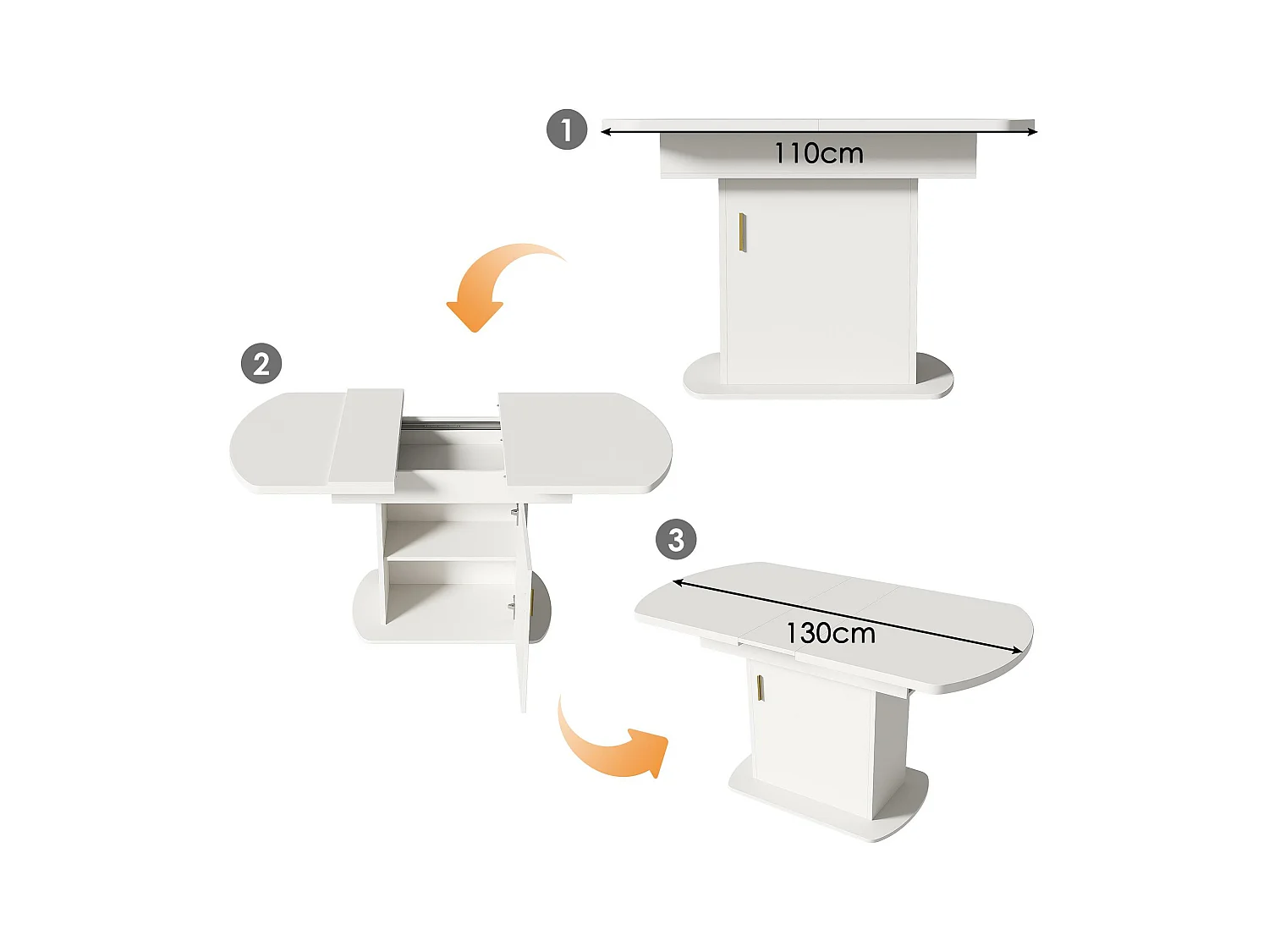 Table à manger ovale escamotable - avec espace de rangement et poignée dorée - Blanc