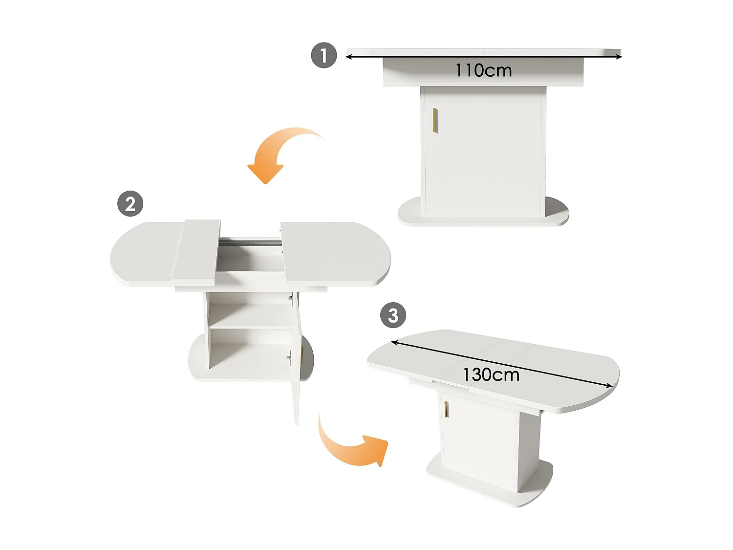 Table à manger ovale escamotable - avec espace de rangement et poignée dorée - Blanc