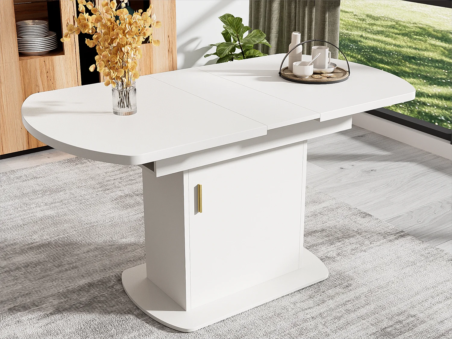 Table à manger ovale escamotable - avec espace de rangement et poignée dorée - Blanc