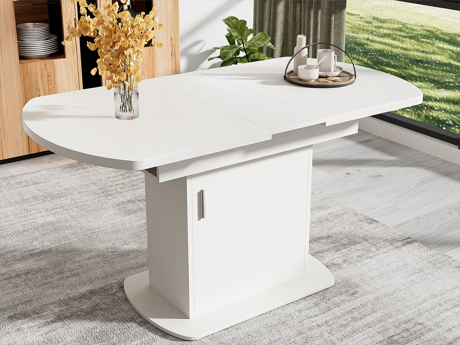 Table à manger ovale escamotable - avec espace de rangement et poignée argentée - Blanc