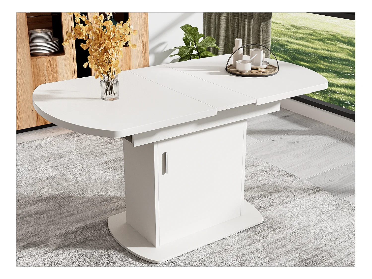 Table à manger ovale escamotable - avec espace de rangement et poignée argentée - Blanc