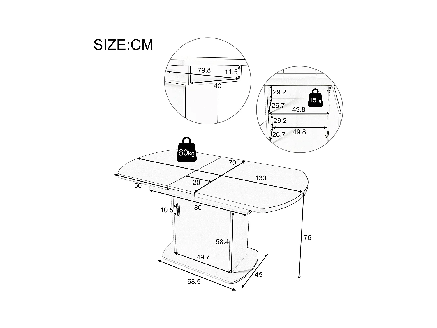 Mesa de comedor ovalada retráctil - con espacio de almacenamiento y mango plateado - Blanco