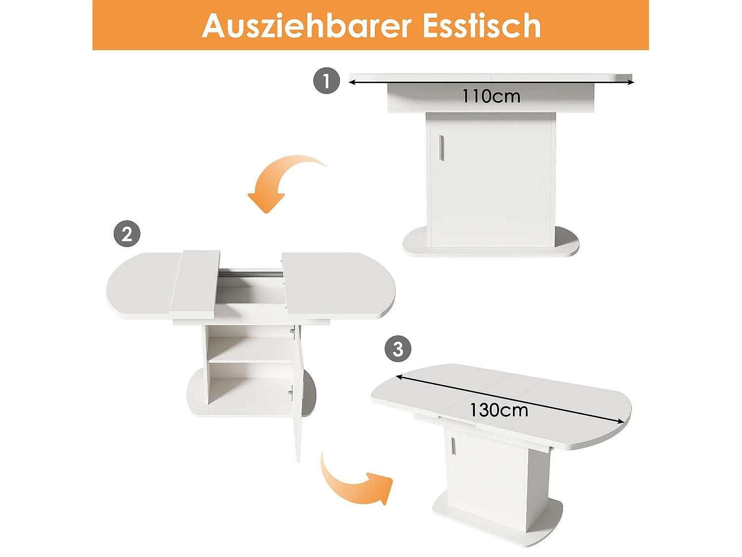 Table à manger ovale escamotable - avec espace de rangement et poignée argentée - Blanc