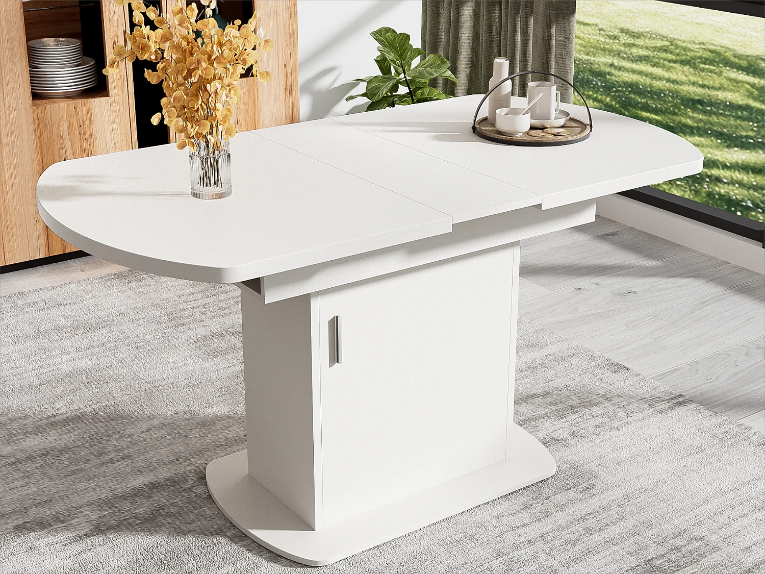 Table à manger ovale escamotable - avec espace de rangement et poignée argentée - Blanc