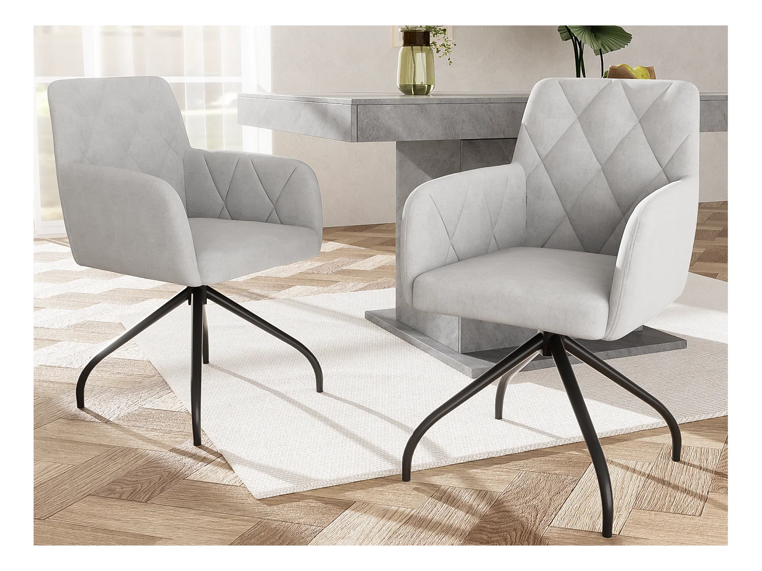Lot de 2 Chaises pivotantes à 360° - tissu en velours - dossier à de motif losange - Gris