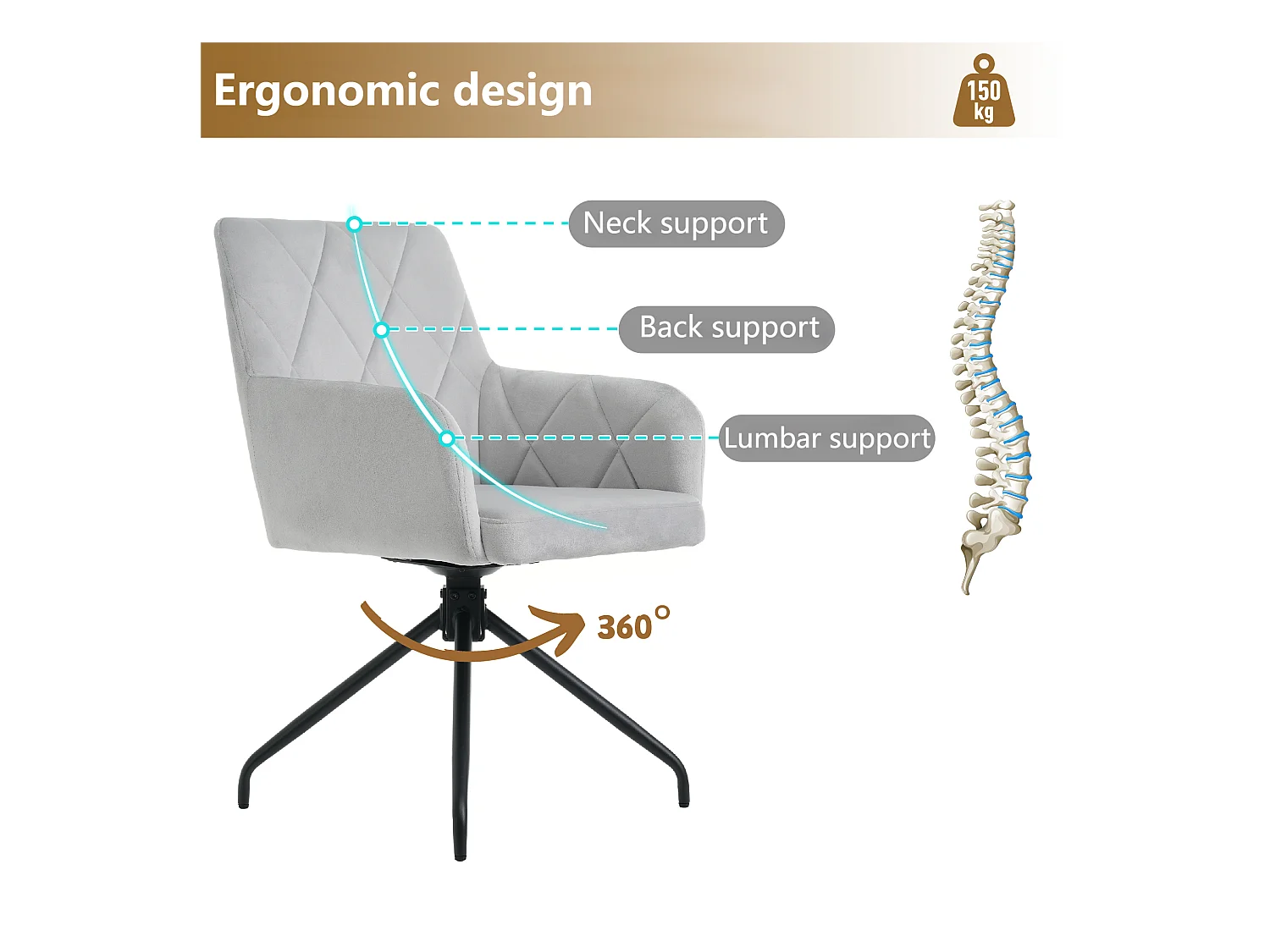 Lot de 2 Chaises pivotantes à 360° - tissu en velours - dossier à de motif losange - Gris