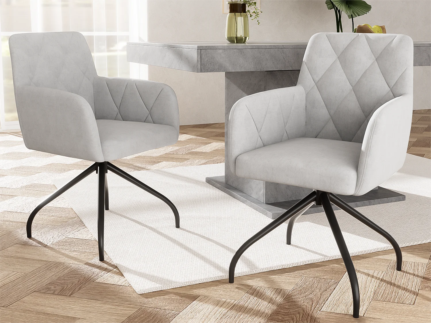 Lot de 2 Chaises pivotantes à 360° - tissu en velours - dossier à de motif losange - Gris