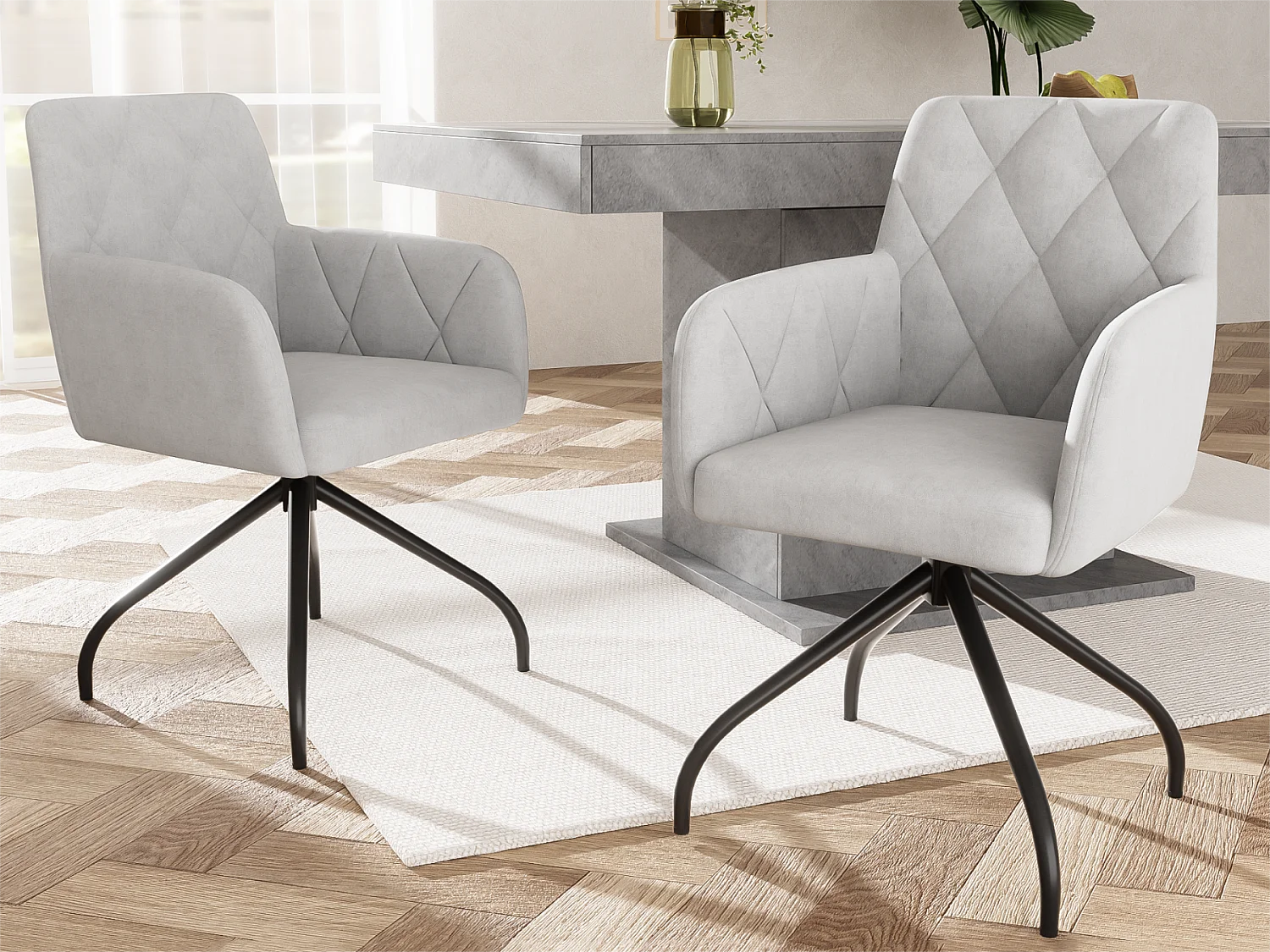 Lot de 2 Chaises pivotantes à 360° - tissu en velours - dossier à de motif losange - Gris