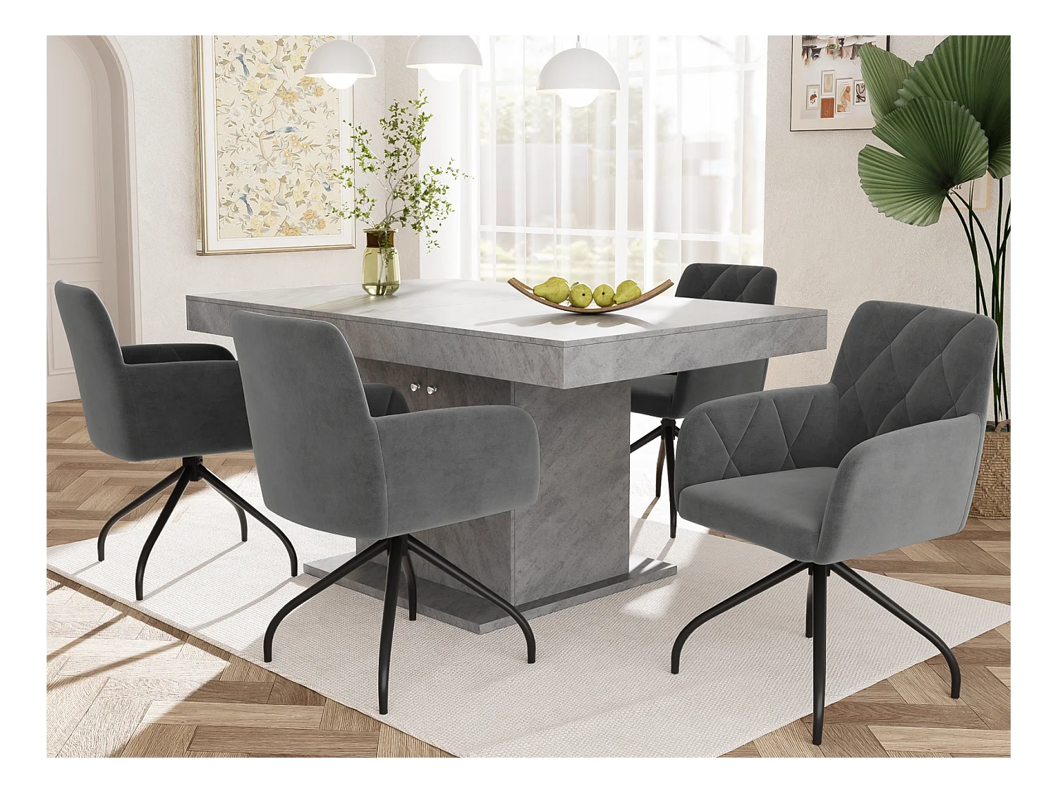 Lot de 4 Chaises pivotantes à 360° - tissu en velours - dossier à de motif losange - Noir
