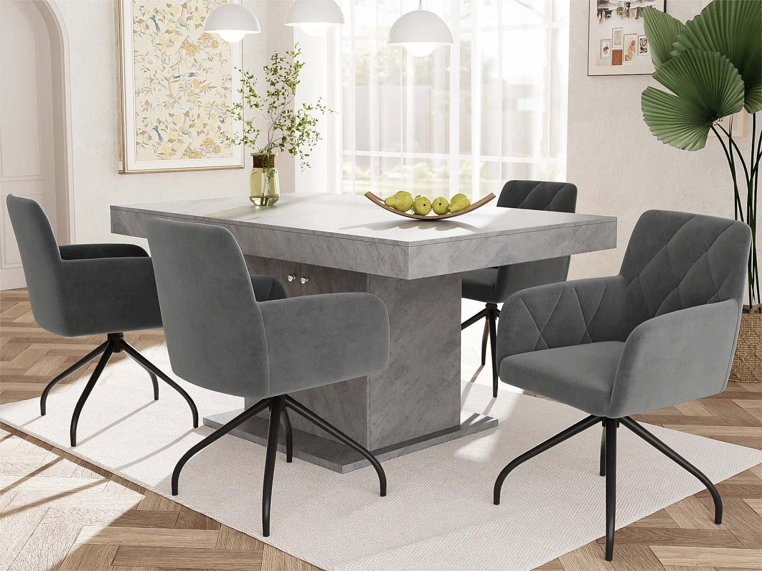 Set van 4 360° draaibare stoelen - fluwelen stof - rugleuning ruitpatroon - Zwart