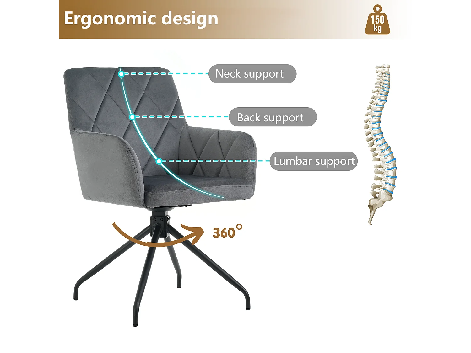 Set van 4 360° draaibare stoelen - fluwelen stof - rugleuning ruitpatroon - Zwart