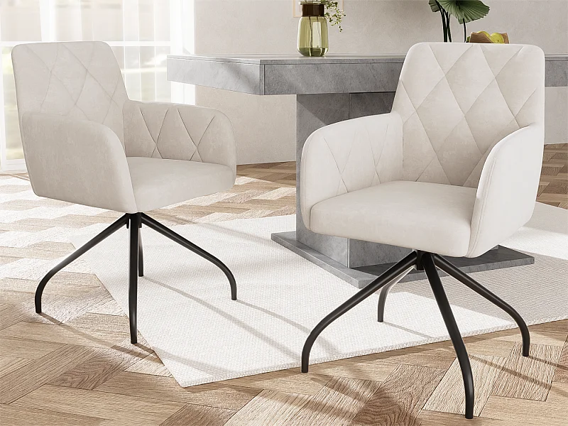 Set mit 2 360°-Drehstühlen – Samtstoff – Rückenlehne mit Rautenmuster – Beige