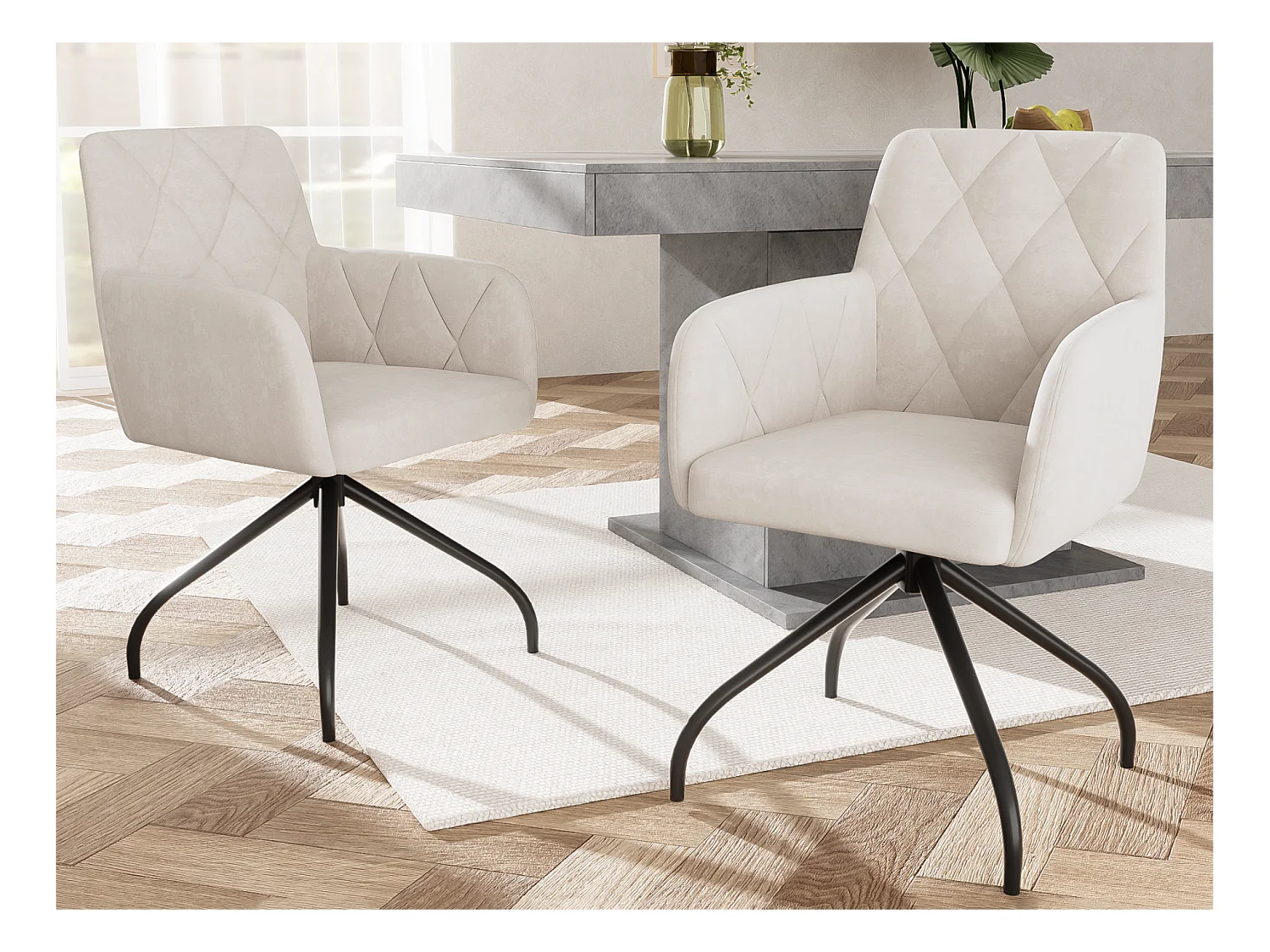 Lot de 2 Chaises pivotantes à 360° - tissu en velours - dossier à de motif losange - Beige