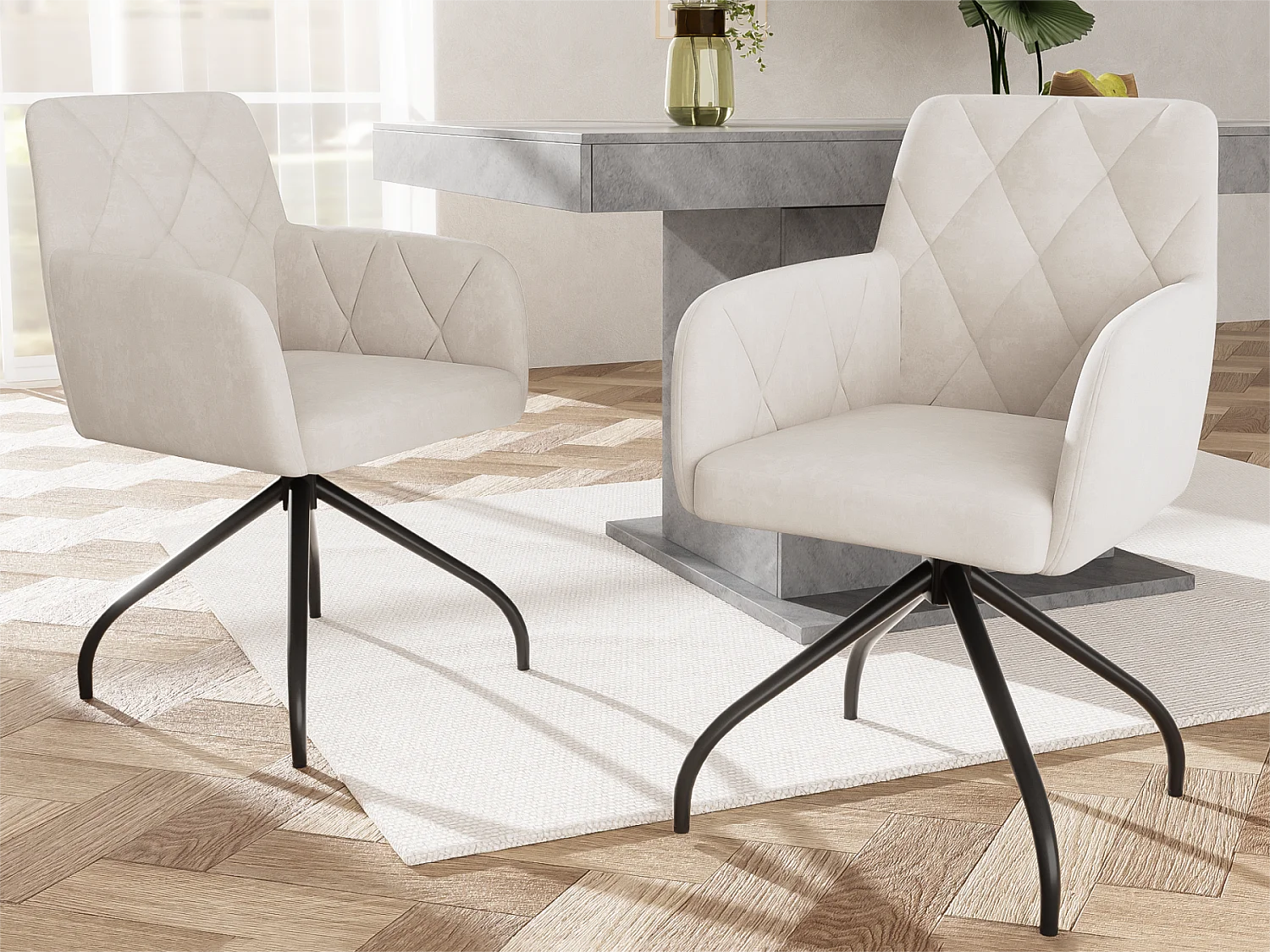 Lot de 2 Chaises pivotantes à 360° - tissu en velours - dossier à de motif losange - Beige