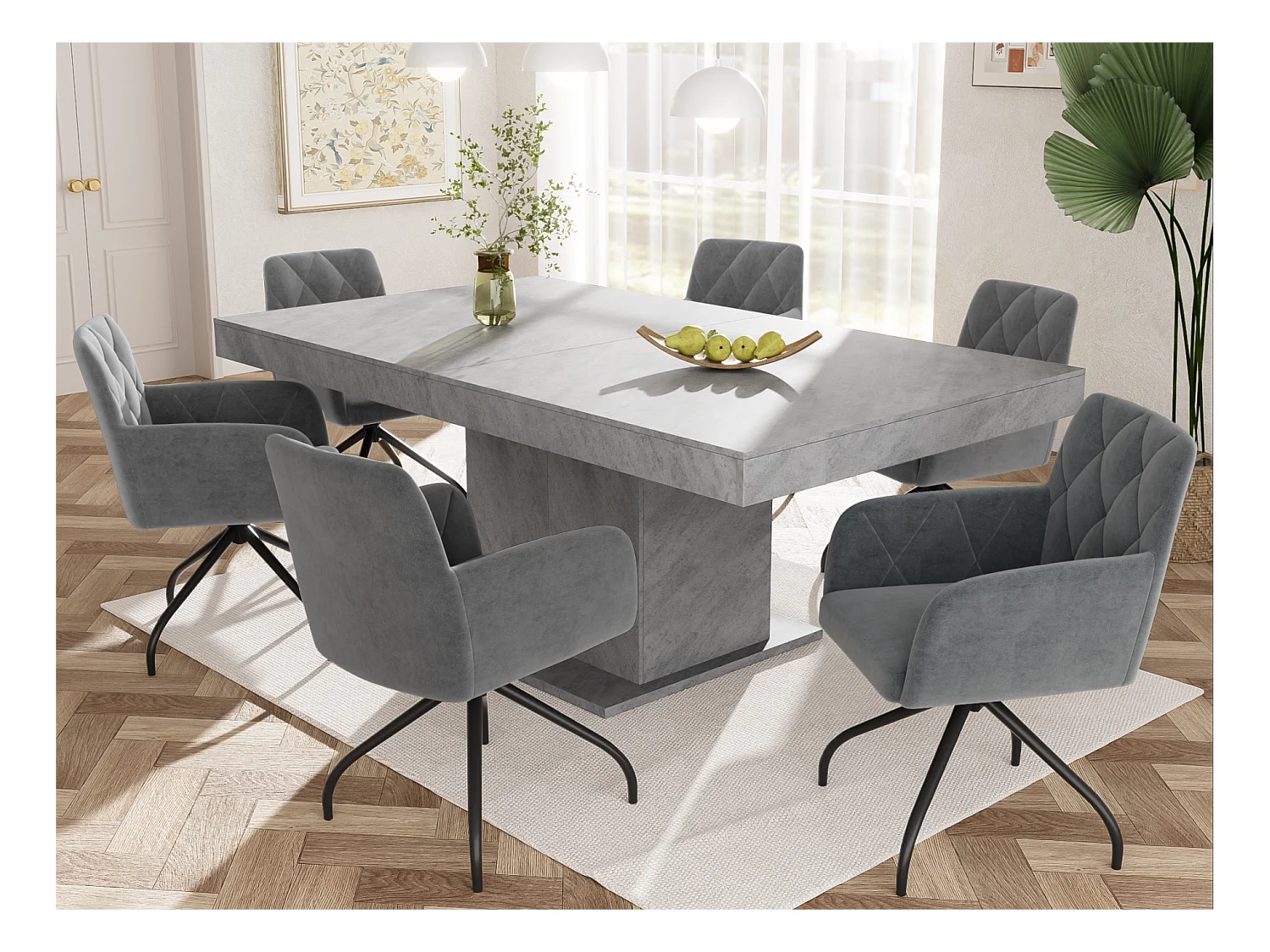 Lot de 6 Chaises pivotantes à 360° - tissu en velours - dossier à de motif losange - Noir