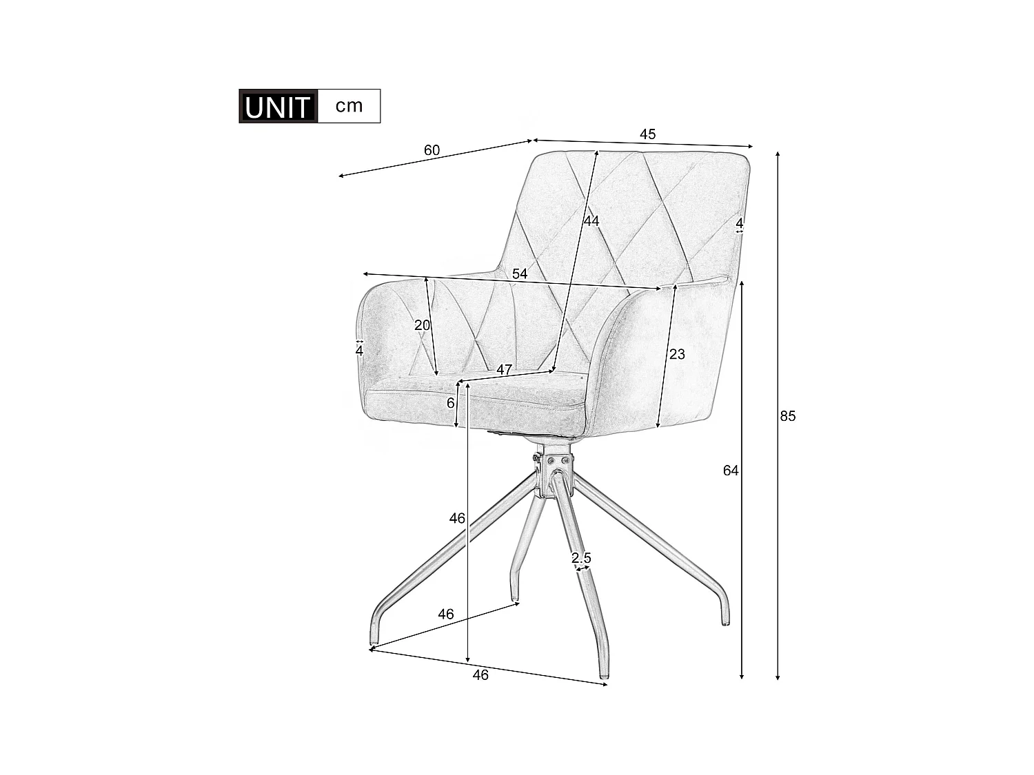 Lot de 6 Chaises pivotantes à 360° - tissu en velours - dossier à de motif losange - Noir