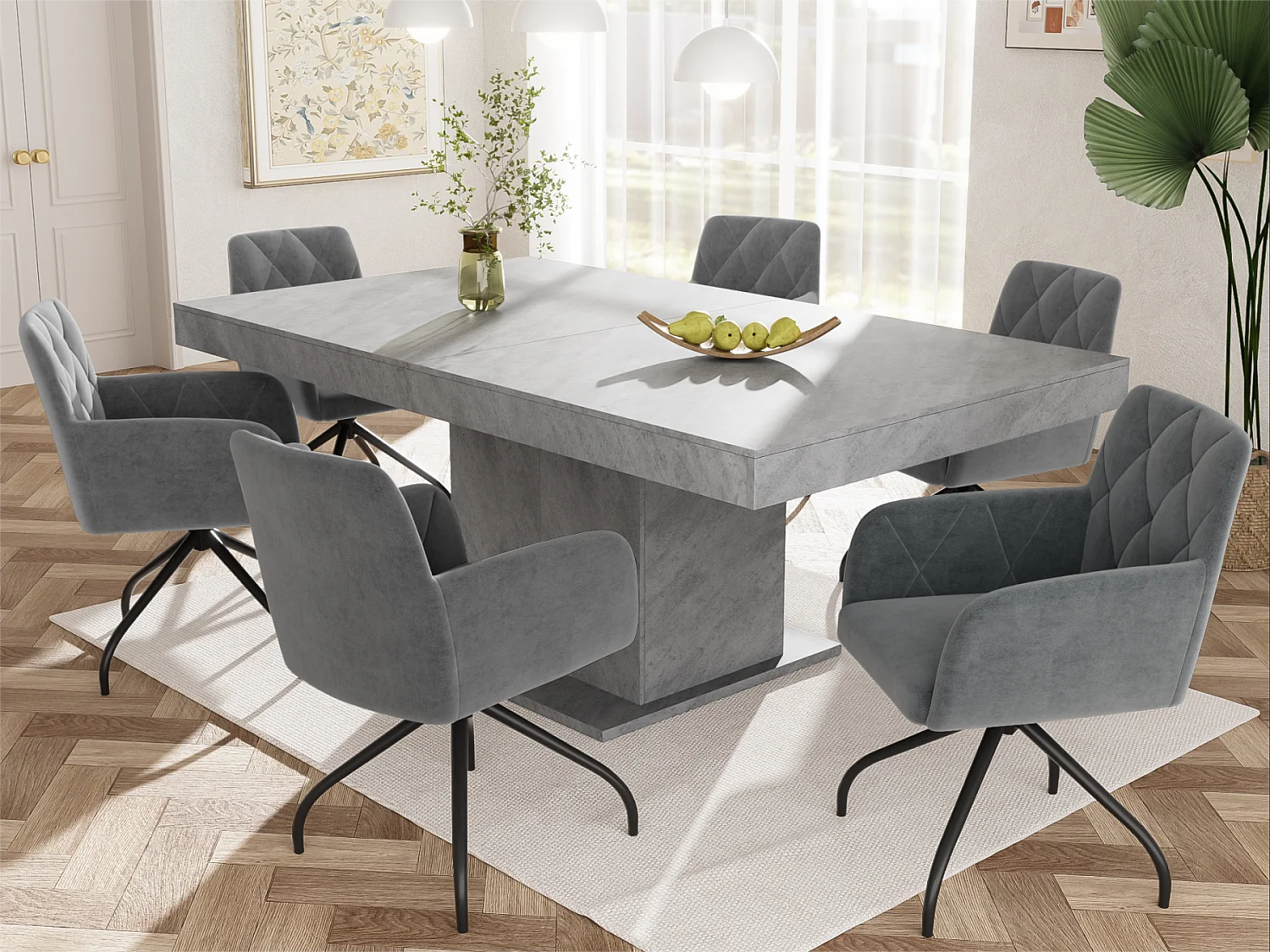 Conjunto de 6 cadeiras giratórias 360° - tecido veludo - encosto padrão diamante - Preto