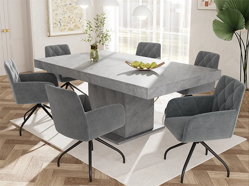 Set mit 6 360°-Drehstühlen – Samtstoff – Rückenlehne mit Rautenmuster – Schwarz