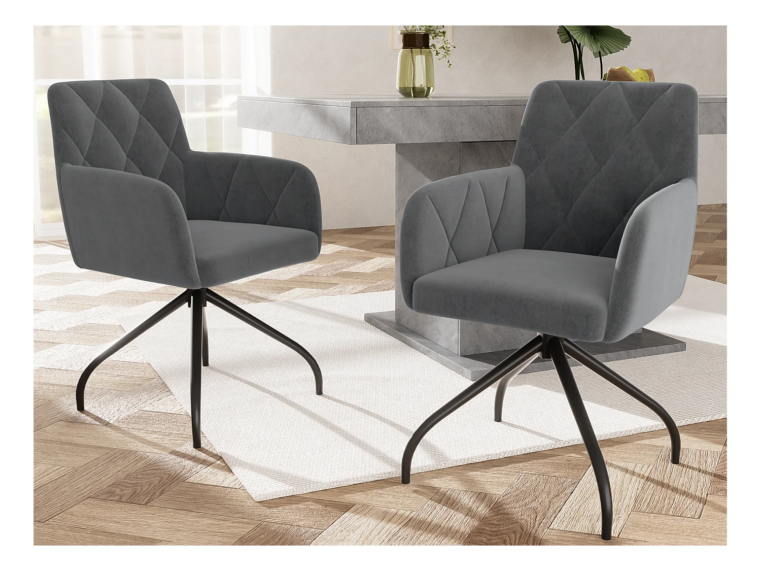 Lot de 2 Chaises pivotantes à 360° - tissu en velours - dossier à de motif losange - Noir