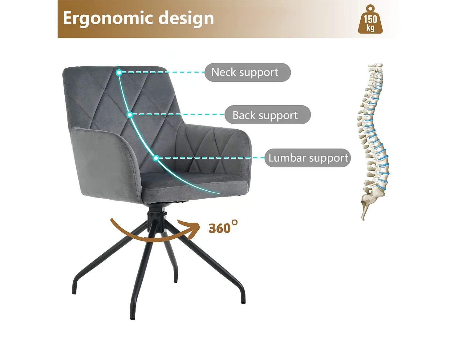 Lot de 2 Chaises pivotantes à 360° - tissu en velours - dossier à de motif losange - Noir