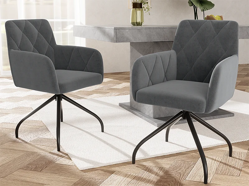 Lot de 2 Chaises pivotantes à 360° - tissu en velours - dossier à de motif losange - Noir