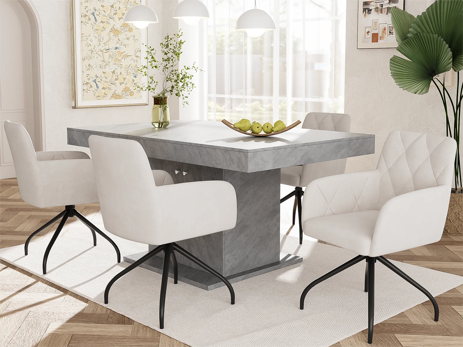 Set mit 4 360°-Drehstühlen – Samtstoff – Rückenlehne mit Rautenmuster – Beige