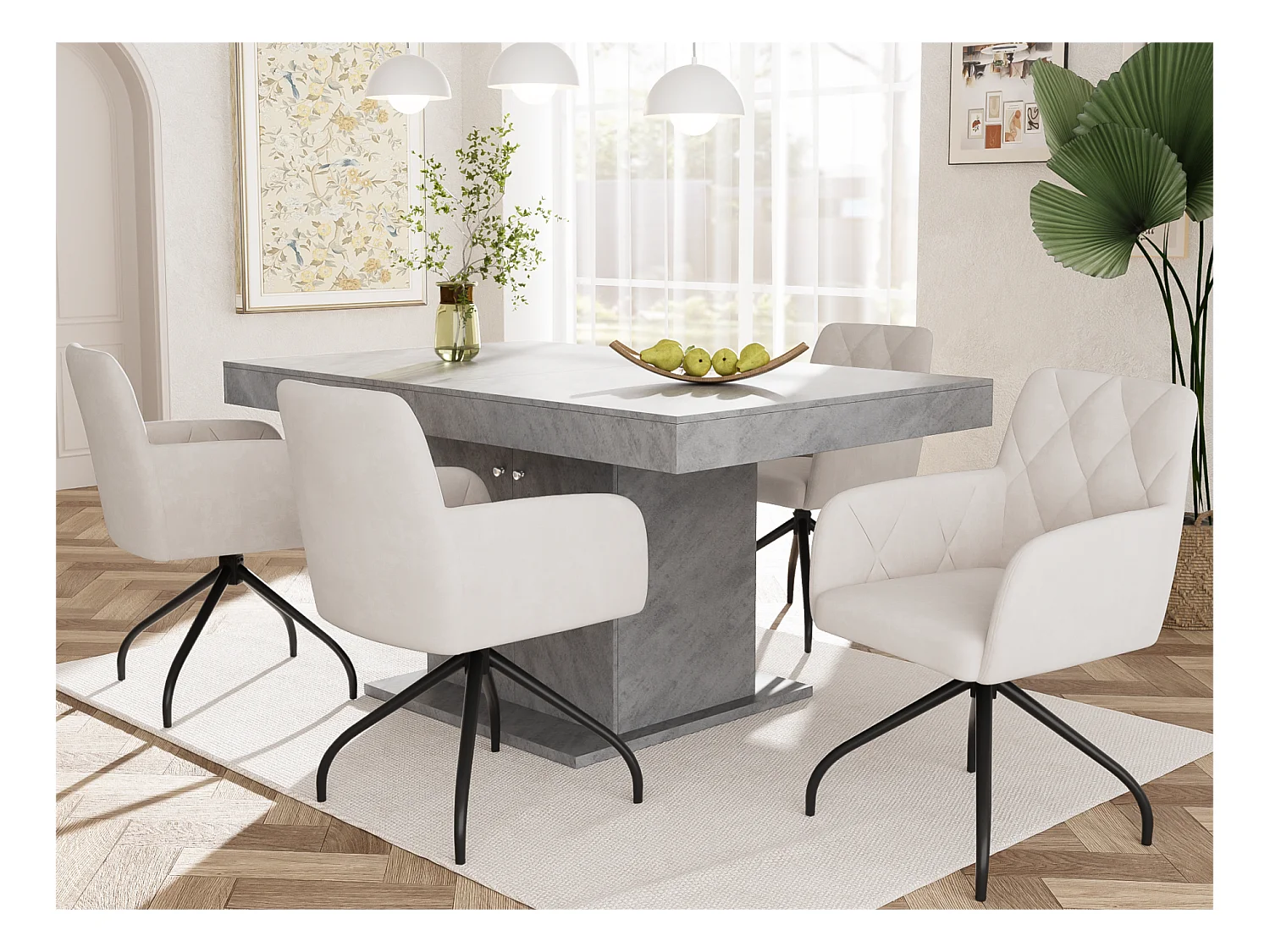 Lot de 4 Chaises pivotantes à 360° - tissu en velours - dossier à de motif losange - Beige