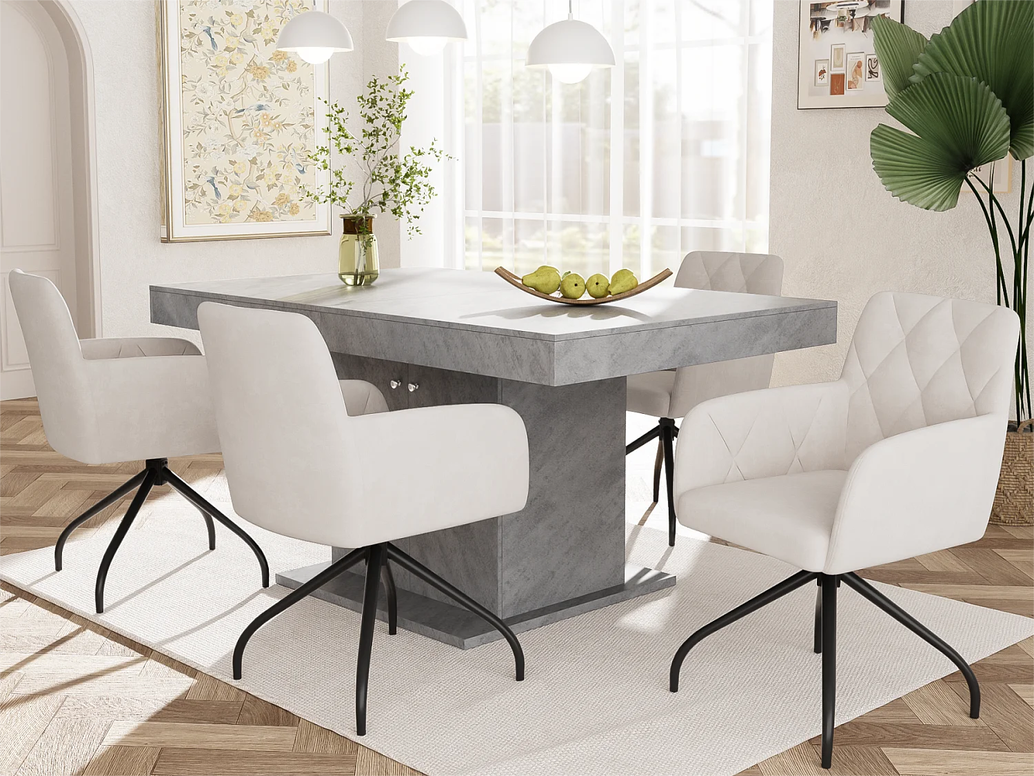 Lot de 4 Chaises pivotantes à 360° - tissu en velours - dossier à de motif losange - Beige