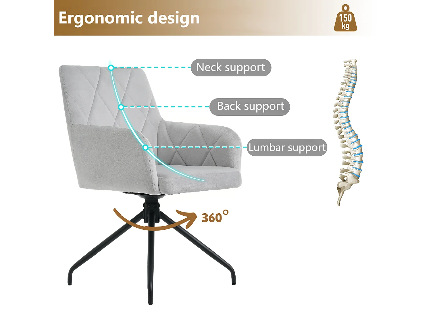 Lot de 6 Chaises pivotantes à 360° - tissu en velours - dossier à de motif losange - Gris