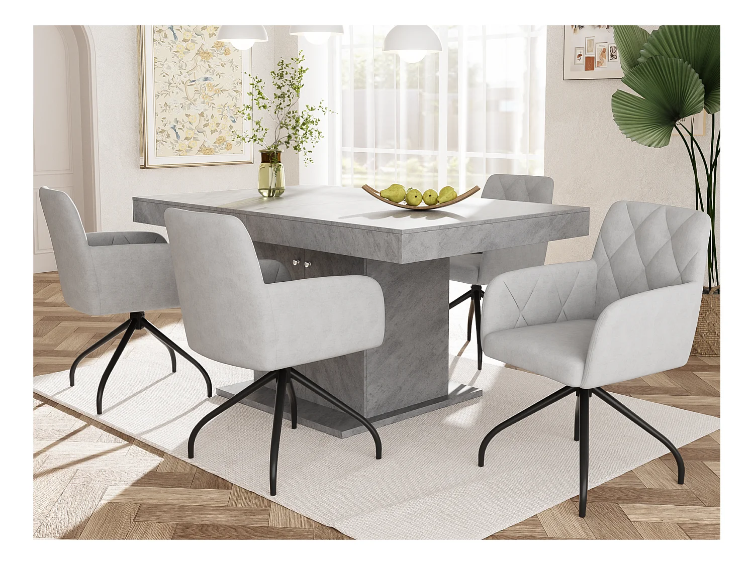 Lot de 4 Chaises pivotantes à 360° - tissu en velours - dossier à de motif losange - Gris