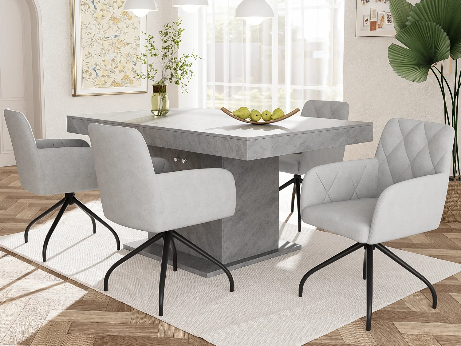 Lot de 4 Chaises pivotantes à 360° - tissu en velours - dossier à de motif losange - Gris