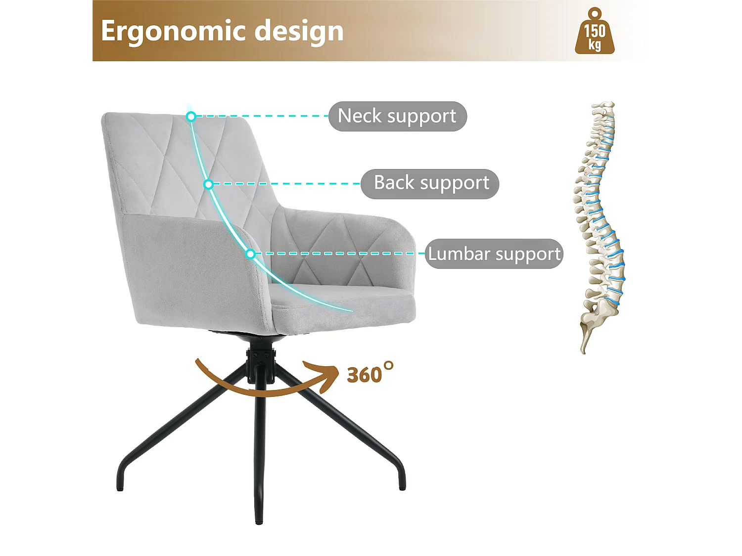 Lot de 4 Chaises pivotantes à 360° - tissu en velours - dossier à de motif losange - Gris