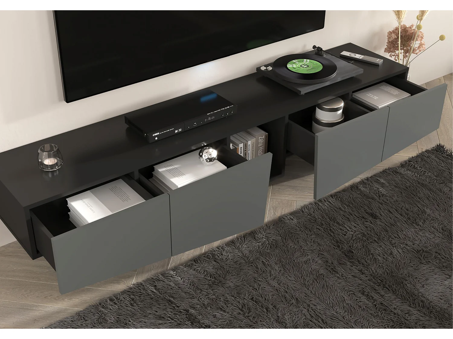 Meuble TV moderne gris avec tiroirs Skandica WING / largeur 200 cm