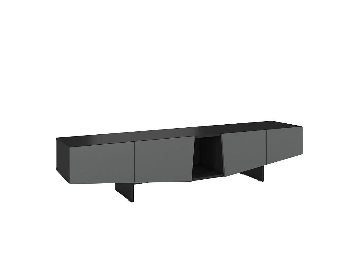 Lowboard Wing, asymmetrische fronten, 200 cm, schwarz und grau