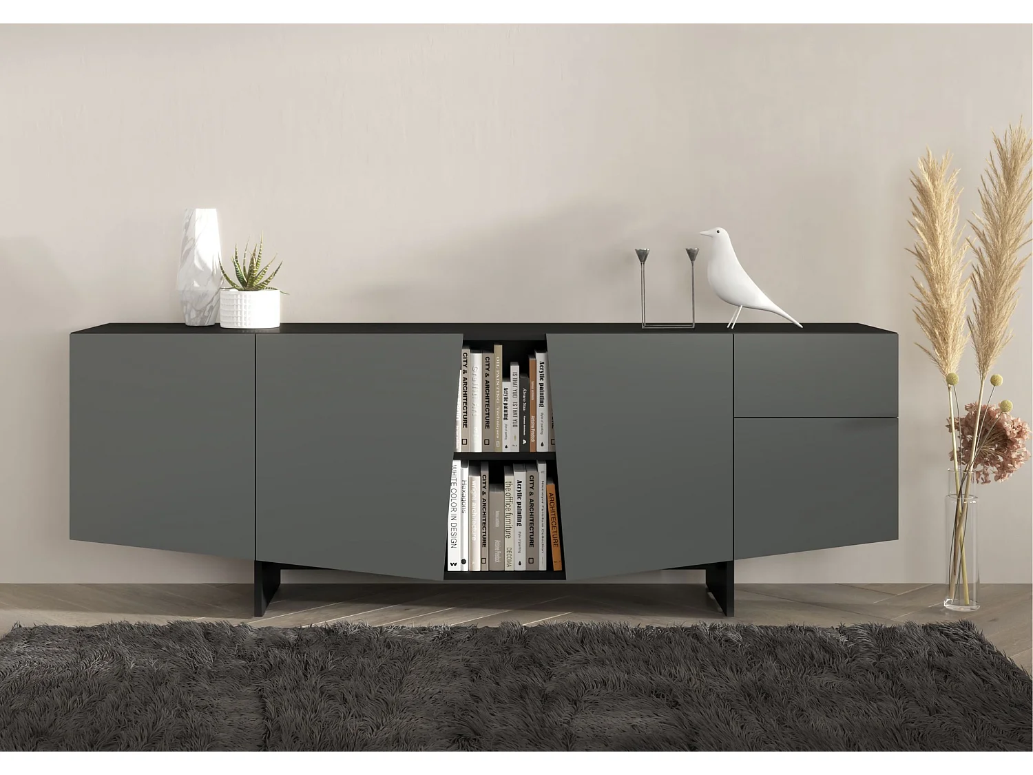Sideboard Wing, asymmetrische fronten, 200 cm, schwarz und grau