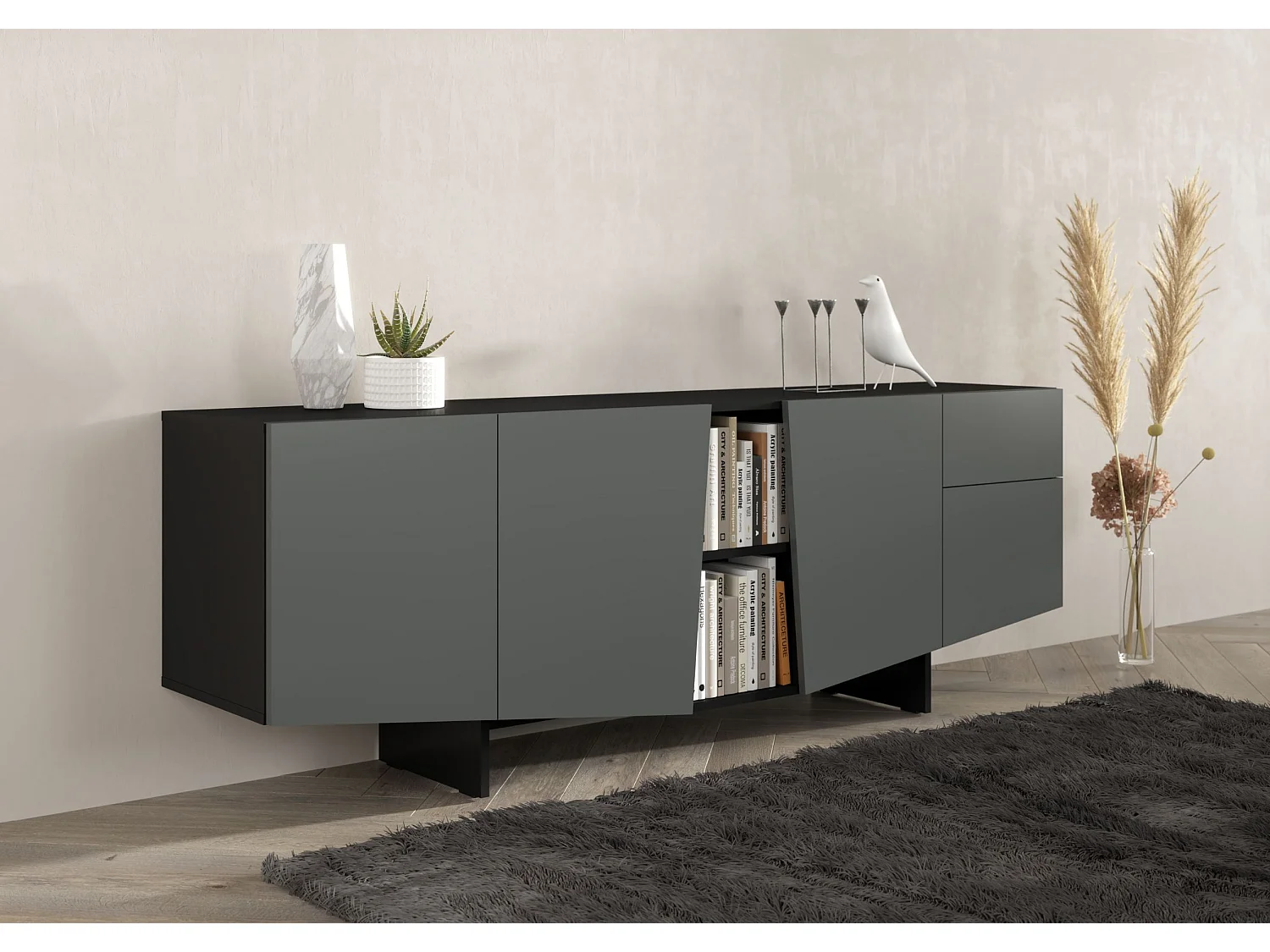 Sideboard Wing, asymmetrische fronten, 200 cm, schwarz und grau
