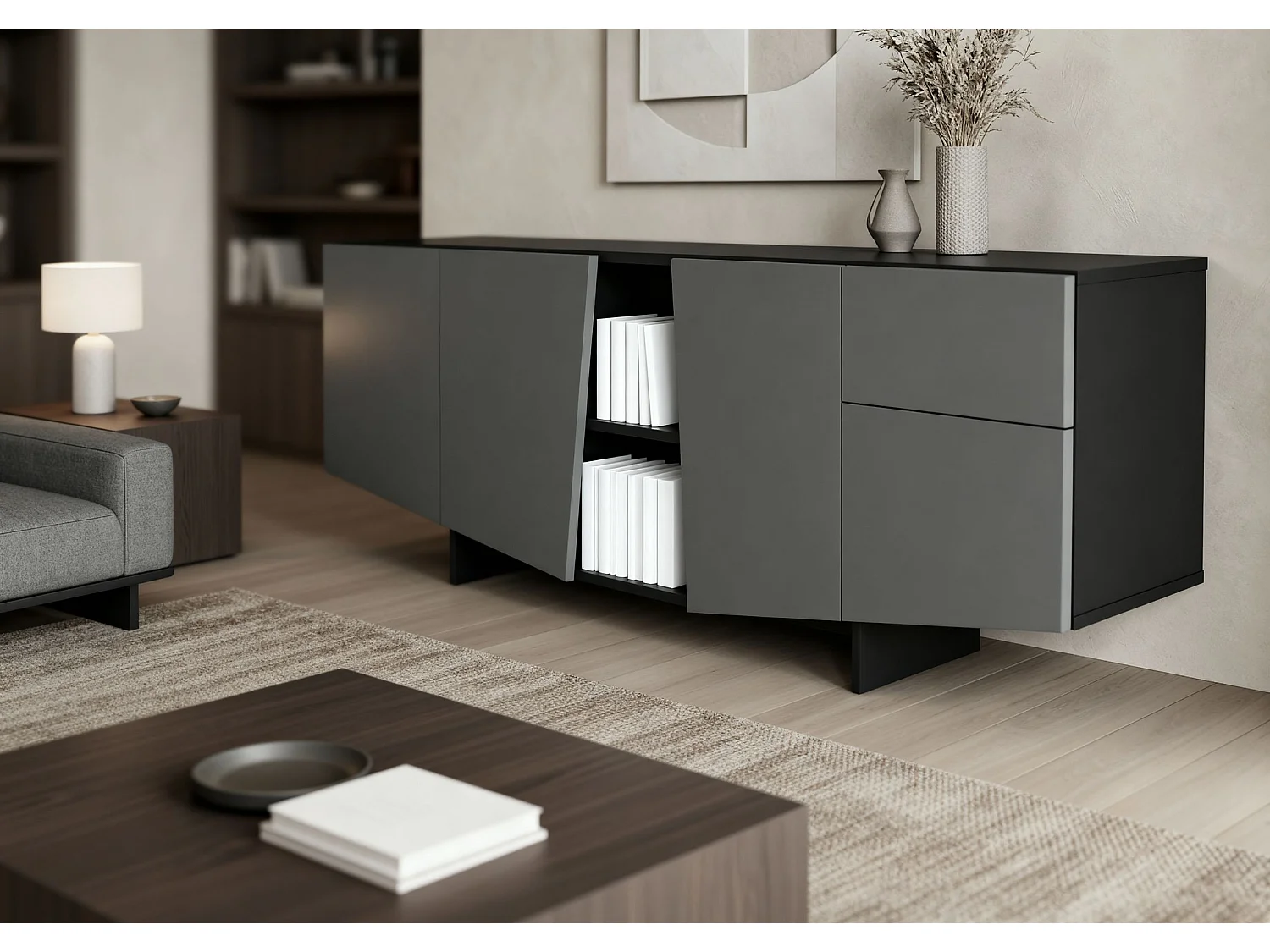 Sideboard Wing, asymmetrische fronten, 200 cm, schwarz und grau