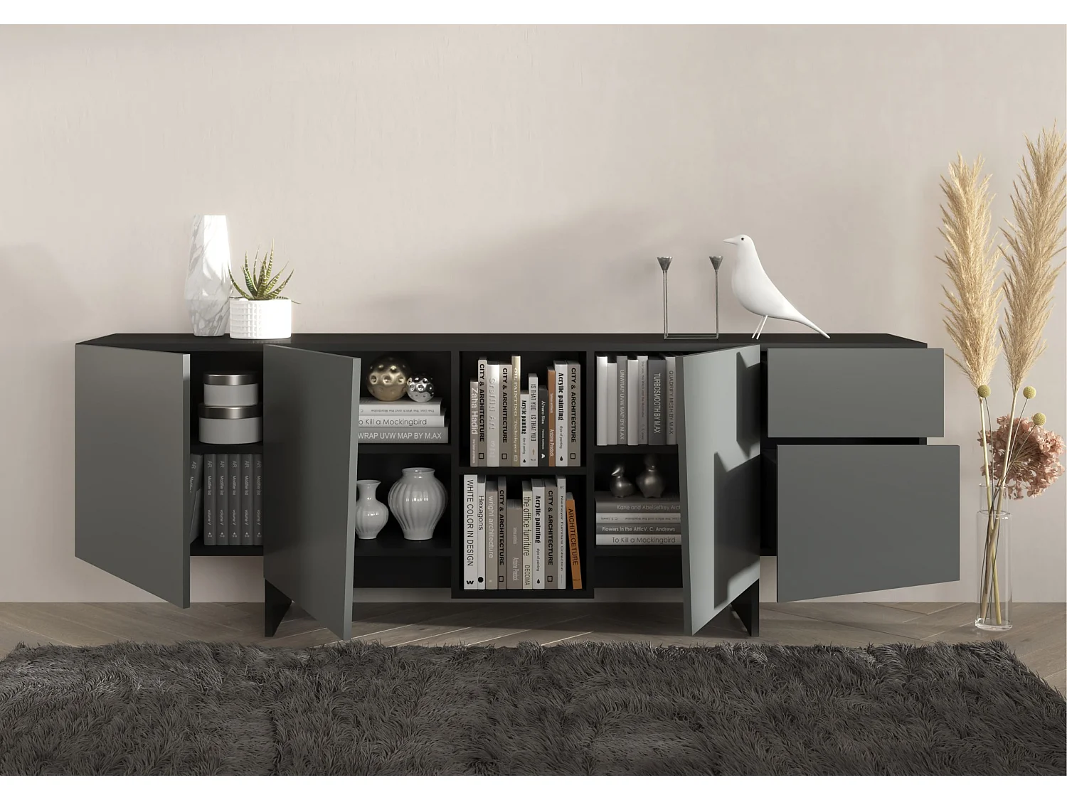 Sideboard Wing, asymmetrische fronten, 200 cm, schwarz und grau